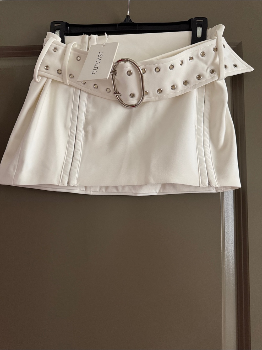 Outcast White Studded Mini Skirt with Belt — Sleek Vegan Leather